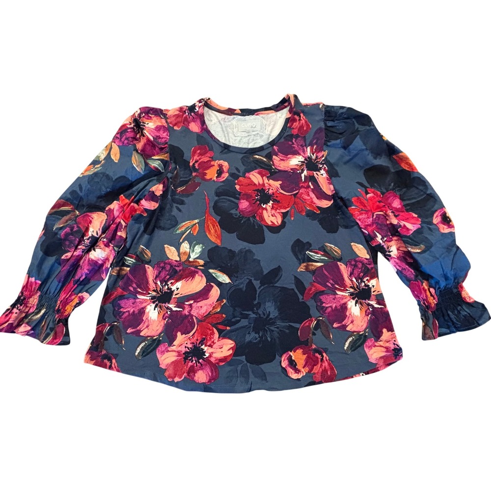 Cupio Blush Floral Balloon Sleeve Knit Top Navy Red 1X Smocked Cuffs